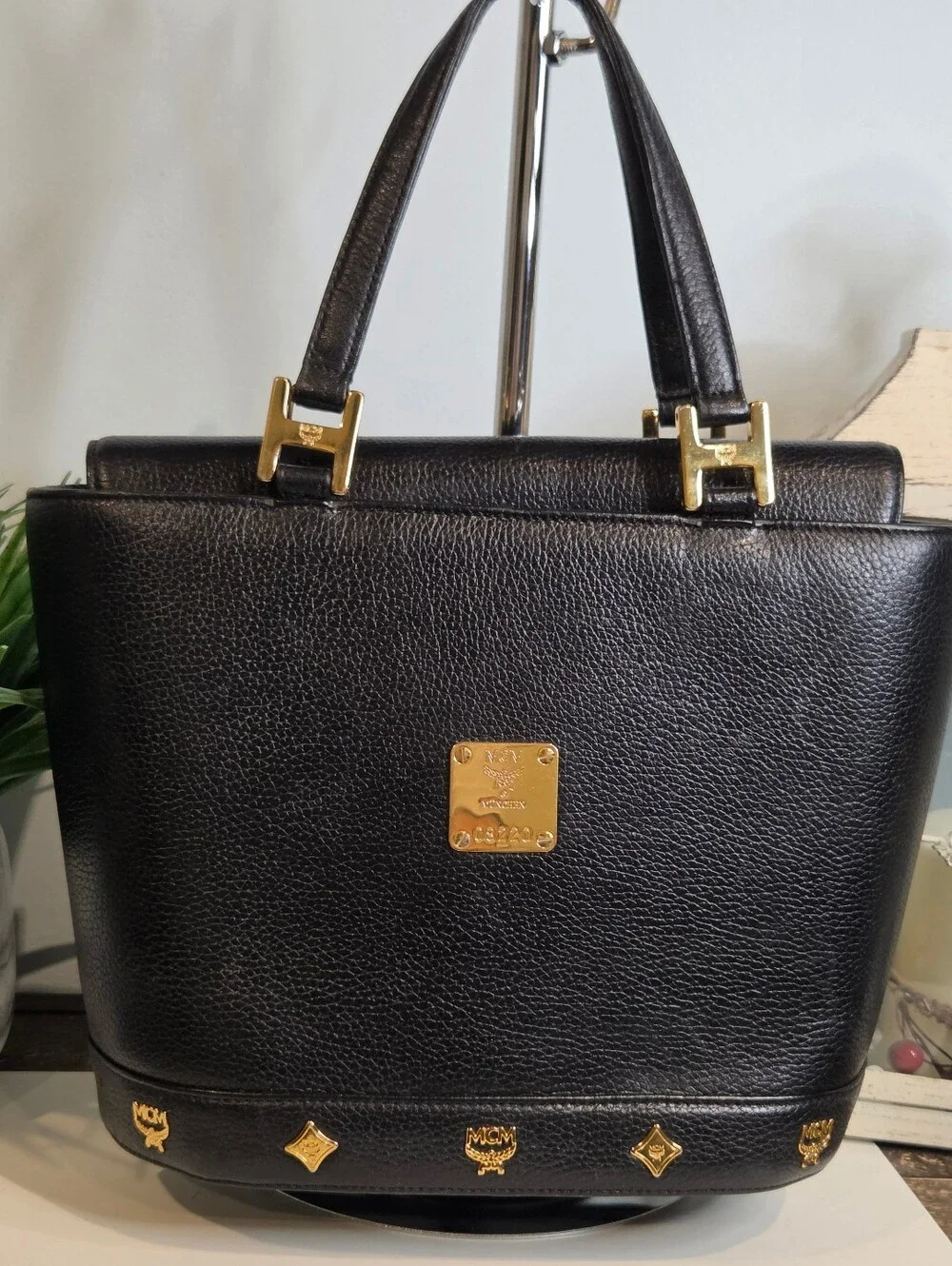 MCM Rare Vtg Michael Cromer Era München Black Pebbled Leather Studded Bag.